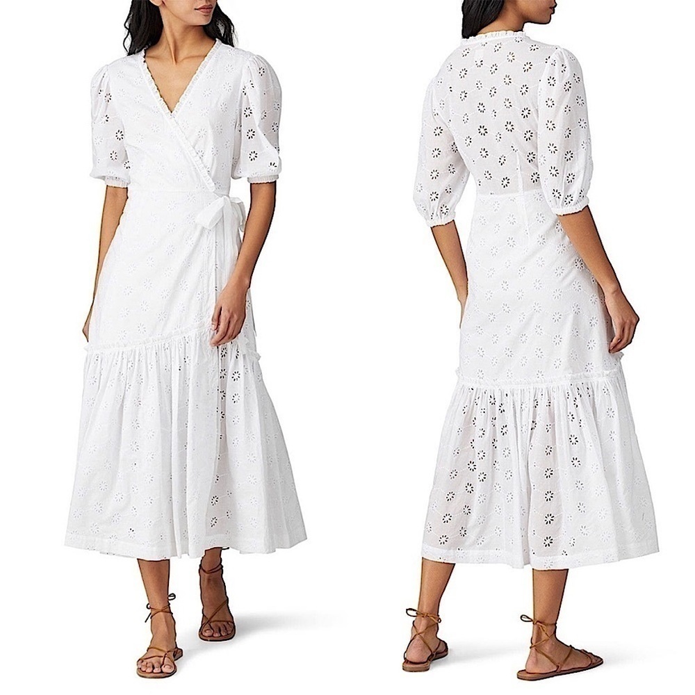 REBECCA TAYLOR Floral Eyelet Puff Short Sleeve Ruffle Hem Midi Wrap Tie Dress XS